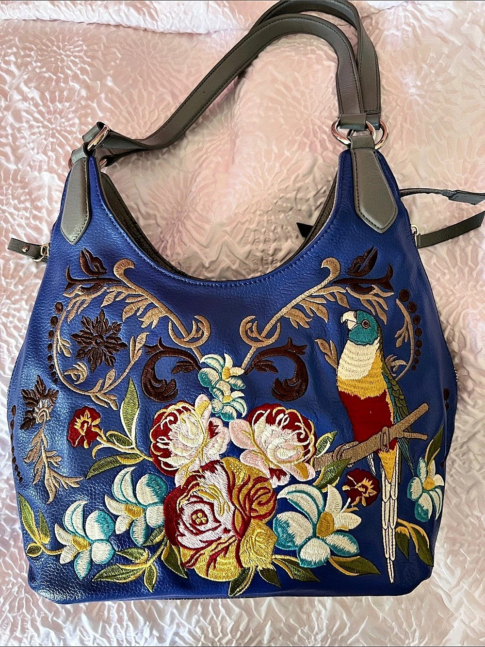 Sharif Embroidered Floral Blue Shoulder Bag
